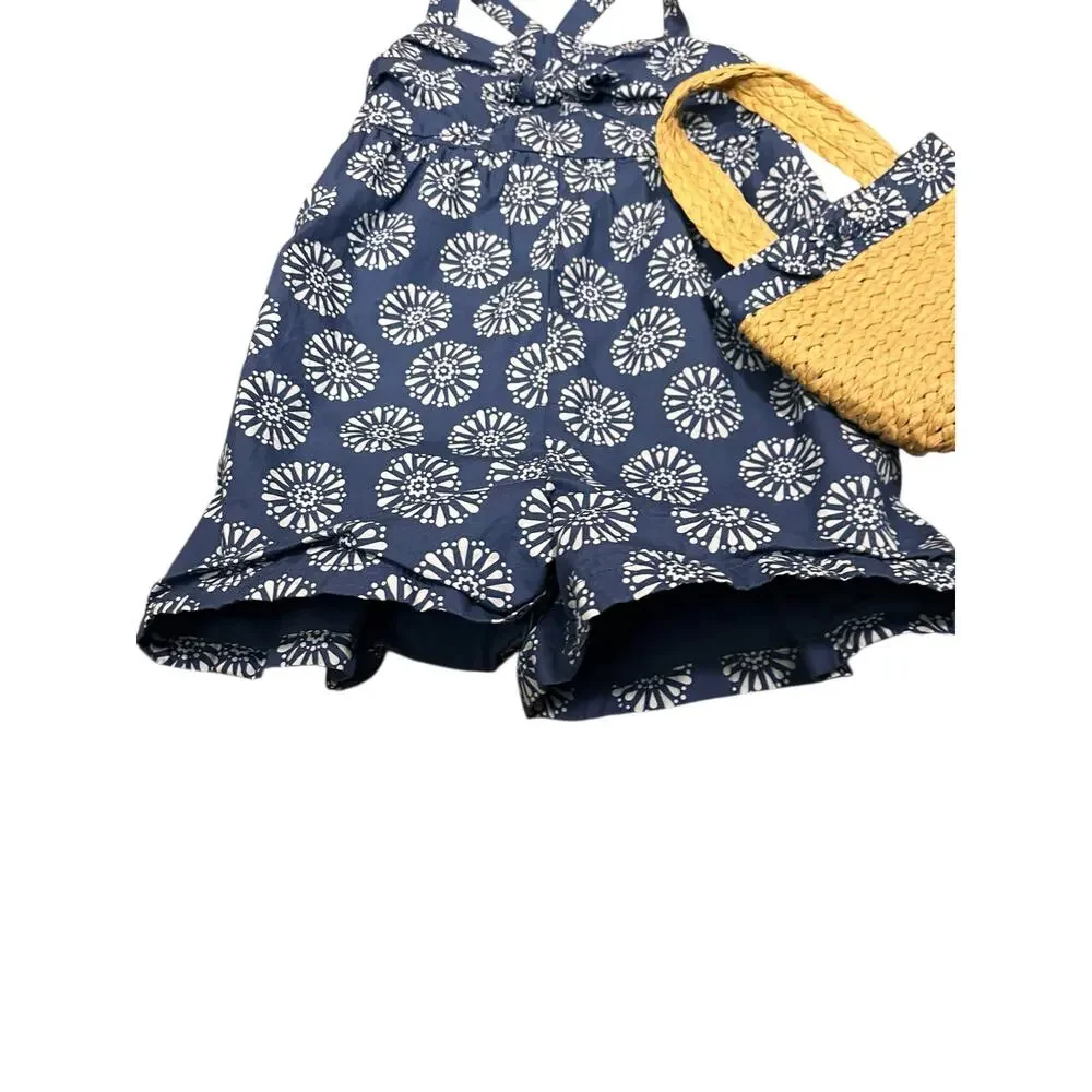 Tommy Bahama Girls Blue White Cotton Romper with Matching Straw Tote Bag Size 5